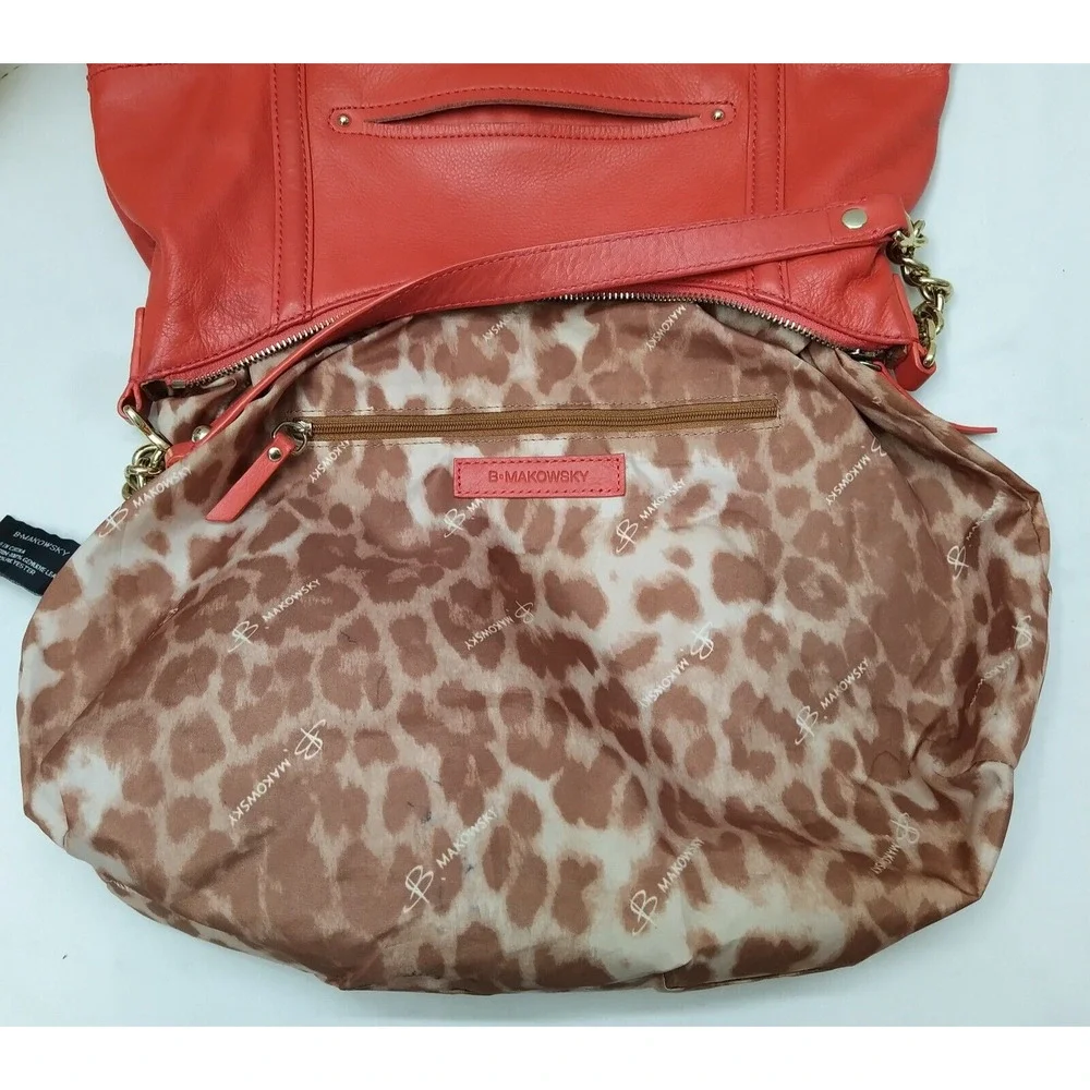 B. Makowsky Red Leather Quilted Chain Strap Zipper Hobo Shoulder Bag
